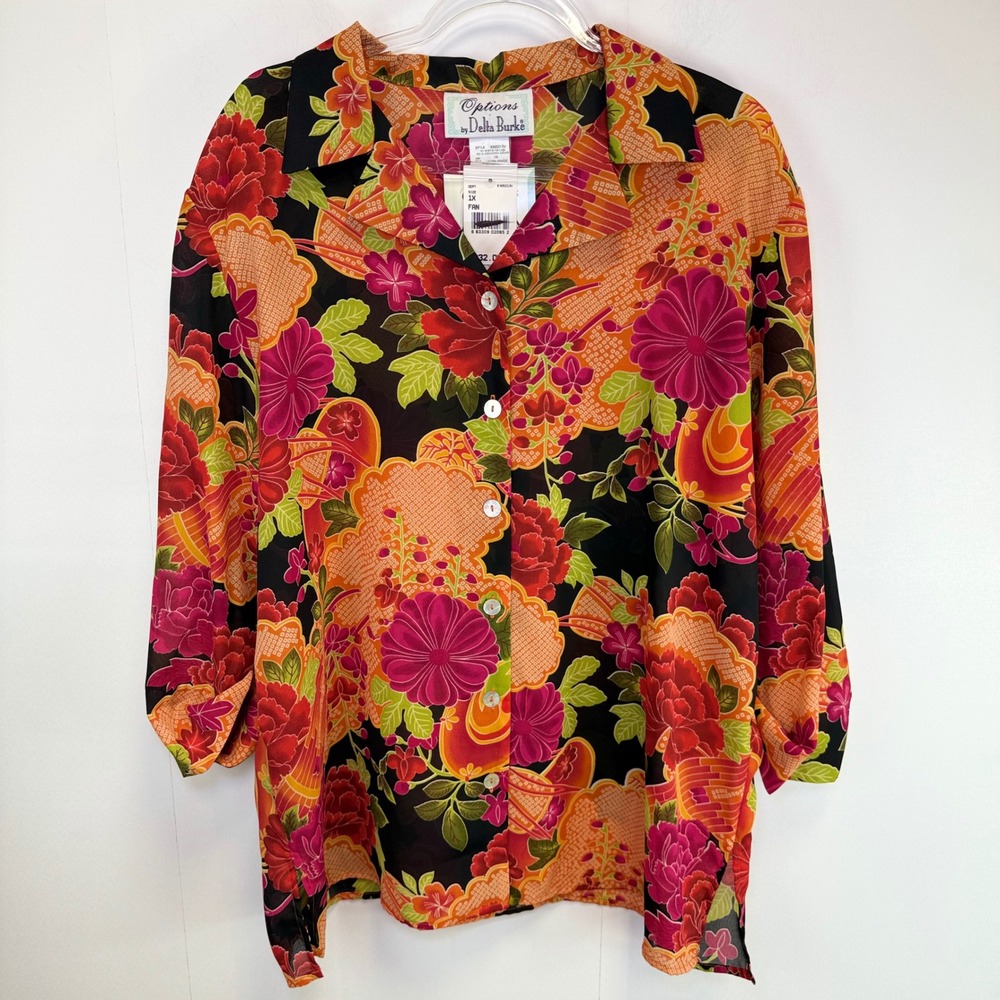 Options by Delta Burke Floral Button Down Blouse Size 1X Tropical Resortwear NEW
